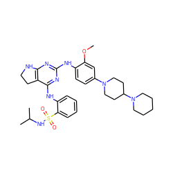 COc1cc(N2CCC(N3CCCCC3)CC2)ccc1Nc1nc2c(c(Nc3ccccc3S(=O)(=O)NC(C)C)n1)CCN2 ZINC000221640644