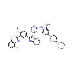 COc1cc(N2CCC(N3CCCCC3)CC2)ccc1Nc1nccc(-c2c(-c3ccc(OC)c(C(=O)Nc4c(F)cccc4F)c3)nc3ccccn23)n1 ZINC000165084803