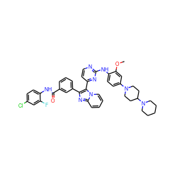 COc1cc(N2CCC(N3CCCCC3)CC2)ccc1Nc1nccc(-c2c(-c3cccc(C(=O)Nc4ccc(Cl)cc4F)c3)nc3ccccn23)n1 ZINC000165077333