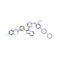 COc1cc(N2CCC(N3CCCCC3)CC2)ccc1Nc1nccc(-c2c(-c3cccc(C(=O)Nc4ccc(F)cc4Cl)c3)nc3ccccn23)n1 ZINC000165085082