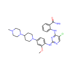 COc1cc(N2CCC(N3CCN(C)CC3)CC2)ccc1Nc1ncc(Cl)c(Nc2ccccc2C(N)=O)n1 ZINC000653864110