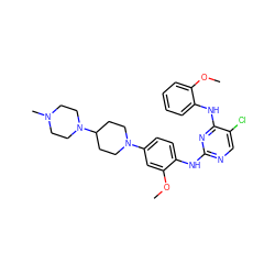 COc1cc(N2CCC(N3CCN(C)CC3)CC2)ccc1Nc1ncc(Cl)c(Nc2ccccc2OC)n1 ZINC000221363732