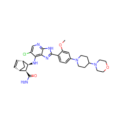 COc1cc(N2CCC(N3CCOCC3)CC2)ccc1-c1nc2c(N[C@H]3[C@@H](C(N)=O)[C@@H]4C=C[C@H]3C4)c(Cl)cnc2[nH]1 ZINC000147521830