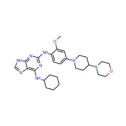 COc1cc(N2CCC(N3CCOCC3)CC2)ccc1Nc1nc(NC2CCCCC2)c2nc[nH]c2n1 ZINC000084671560