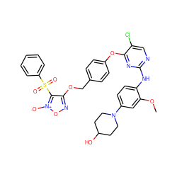 COc1cc(N2CCC(O)CC2)ccc1Nc1ncc(Cl)c(Oc2ccc(COc3no[n+]([O-])c3S(=O)(=O)c3ccccc3)cc2)n1 ZINC000096917088