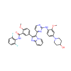 COc1cc(N2CCC(O)CC2)ccc1Nc1nccc(-c2c(-c3ccc(OC)c(C(=O)Nc4c(F)cccc4F)c3)nc3ccccn23)n1 ZINC000165062859