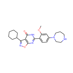 COc1cc(N2CCCNCC2)ccc1-c1nc2onc(C3CCCCC3)c2c(=O)[nH]1 ZINC000084596904