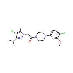 COc1cc(N2CCN(C(=O)Cn3nc(C(C)C)c(Cl)c3C)CC2)ccc1Cl ZINC000095584479