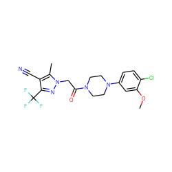 COc1cc(N2CCN(C(=O)Cn3nc(C(F)(F)F)c(C#N)c3C)CC2)ccc1Cl ZINC000095581310