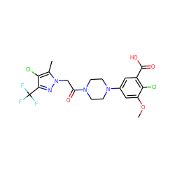 COc1cc(N2CCN(C(=O)Cn3nc(C(F)(F)F)c(Cl)c3C)CC2)cc(C(=O)O)c1Cl ZINC000095581793