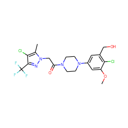 COc1cc(N2CCN(C(=O)Cn3nc(C(F)(F)F)c(Cl)c3C)CC2)cc(CO)c1Cl ZINC000095583395