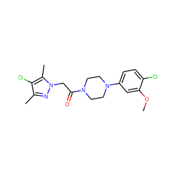 COc1cc(N2CCN(C(=O)Cn3nc(C)c(Cl)c3C)CC2)ccc1Cl ZINC000095584375