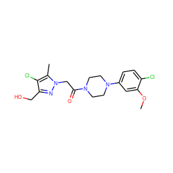 COc1cc(N2CCN(C(=O)Cn3nc(CO)c(Cl)c3C)CC2)ccc1Cl ZINC000095581478