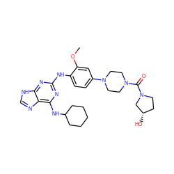 COc1cc(N2CCN(C(=O)N3CC[C@H](O)C3)CC2)ccc1Nc1nc(NC2CCCCC2)c2nc[nH]c2n1 ZINC000084670195