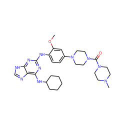 COc1cc(N2CCN(C(=O)N3CCN(C)CC3)CC2)ccc1Nc1nc(NC2CCCCC2)c2nc[nH]c2n1 ZINC000084670554