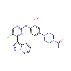 COc1cc(N2CCN(C(C)=O)CC2)ccc1Nc1ncc(Cl)c(-c2cnn3ccccc23)n1 ZINC000118699749