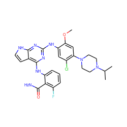 COc1cc(N2CCN(C(C)C)CC2)c(Cl)cc1Nc1nc(Nc2cccc(F)c2C(N)=O)c2cc[nH]c2n1 ZINC000042875165