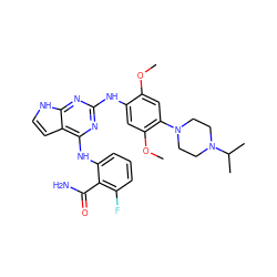 COc1cc(N2CCN(C(C)C)CC2)c(OC)cc1Nc1nc(Nc2cccc(F)c2C(N)=O)c2cc[nH]c2n1 ZINC000053287788