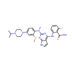 COc1cc(N2CCN(C(C)C)CC2)ccc1N(C)c1nc(Nc2cccc(F)c2C(N)=O)c2cc[nH]c2n1 ZINC000053287751