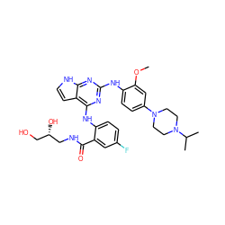 COc1cc(N2CCN(C(C)C)CC2)ccc1Nc1nc(Nc2ccc(F)cc2C(=O)NC[C@@H](O)CO)c2cc[nH]c2n1 ZINC000053275884