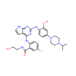 COc1cc(N2CCN(C(C)C)CC2)ccc1Nc1nc(Nc2ccc(F)cc2C(=O)NCCO)c2cc[nH]c2n1 ZINC000055753263