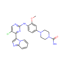 COc1cc(N2CCN(C(N)=O)CC2)ccc1Nc1ncc(Cl)c(-c2cnc3ccccn23)n1 ZINC000072139953