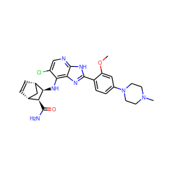 COc1cc(N2CCN(C)CC2)ccc1-c1nc2c(N[C@H]3[C@@H](C(N)=O)[C@@H]4C=C[C@H]3C4)c(Cl)cnc2[nH]1 ZINC000169329262