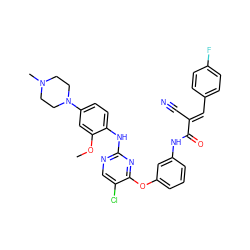 COc1cc(N2CCN(C)CC2)ccc1Nc1ncc(Cl)c(Oc2cccc(NC(=O)/C(C#N)=C/c3ccc(F)cc3)c2)n1 ZINC000299871409