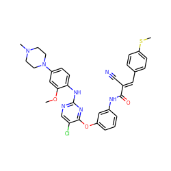 COc1cc(N2CCN(C)CC2)ccc1Nc1ncc(Cl)c(Oc2cccc(NC(=O)/C(C#N)=C/c3ccc(SC)cc3)c2)n1 ZINC000299860650