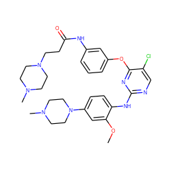 COc1cc(N2CCN(C)CC2)ccc1Nc1ncc(Cl)c(Oc2cccc(NC(=O)CCN3CCN(C)CC3)c2)n1 ZINC000169310614