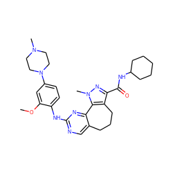 COc1cc(N2CCN(C)CC2)ccc1Nc1ncc2c(n1)-c1c(c(C(=O)NC3CCCCC3)nn1C)CCC2 ZINC000147772882