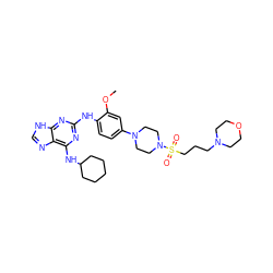 COc1cc(N2CCN(S(=O)(=O)CCCN3CCOCC3)CC2)ccc1Nc1nc(NC2CCCCC2)c2nc[nH]c2n1 ZINC000084670131