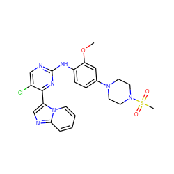 COc1cc(N2CCN(S(C)(=O)=O)CC2)ccc1Nc1ncc(Cl)c(-c2cnc3ccccn23)n1 ZINC000072178506