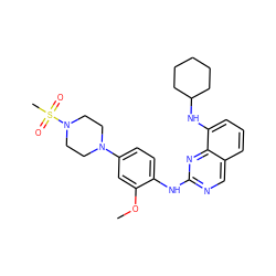 COc1cc(N2CCN(S(C)(=O)=O)CC2)ccc1Nc1ncc2cccc(NC3CCCCC3)c2n1 ZINC000103248471