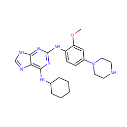 COc1cc(N2CCNCC2)ccc1Nc1nc(NC2CCCCC2)c2nc[nH]c2n1 ZINC000084669036