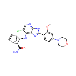 COc1cc(N2CCOCC2)ccc1-c1nc2c(N[C@H]3[C@@H](C(N)=O)[C@@H]4C=C[C@H]3C4)c(Cl)cnc2[nH]1 ZINC000169329260