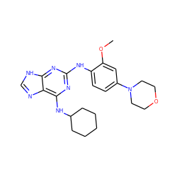 COc1cc(N2CCOCC2)ccc1Nc1nc(NC2CCCCC2)c2nc[nH]c2n1 ZINC000084668411