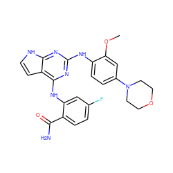 COc1cc(N2CCOCC2)ccc1Nc1nc(Nc2cc(F)ccc2C(N)=O)c2cc[nH]c2n1 ZINC000040916431