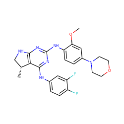 COc1cc(N2CCOCC2)ccc1Nc1nc2c(c(Nc3ccc(F)c(F)c3)n1)[C@H](C)CN2 ZINC000221652833