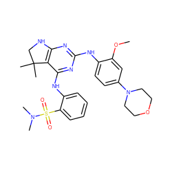 COc1cc(N2CCOCC2)ccc1Nc1nc2c(c(Nc3ccccc3S(=O)(=O)N(C)C)n1)C(C)(C)CN2 ZINC000221670760