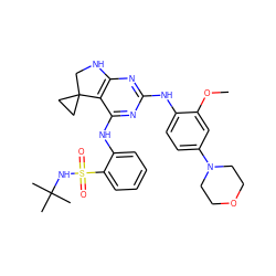 COc1cc(N2CCOCC2)ccc1Nc1nc2c(c(Nc3ccccc3S(=O)(=O)NC(C)(C)C)n1)C1(CC1)CN2 ZINC000221667512