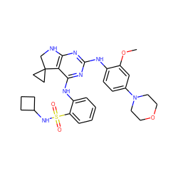 COc1cc(N2CCOCC2)ccc1Nc1nc2c(c(Nc3ccccc3S(=O)(=O)NC3CCC3)n1)C1(CC1)CN2 ZINC000221643845