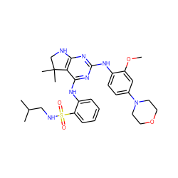 COc1cc(N2CCOCC2)ccc1Nc1nc2c(c(Nc3ccccc3S(=O)(=O)NCC(C)C)n1)C(C)(C)CN2 ZINC000221632805