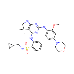 COc1cc(N2CCOCC2)ccc1Nc1nc2c(c(Nc3ccccc3S(=O)(=O)NCC3CC3)n1)C(C)(C)CN2 ZINC000221651651