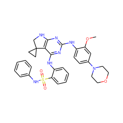 COc1cc(N2CCOCC2)ccc1Nc1nc2c(c(Nc3ccccc3S(=O)(=O)Nc3ccccc3)n1)C1(CC1)CN2 ZINC000221644183