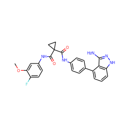 COc1cc(NC(=O)C2(C(=O)Nc3ccc(-c4cccc5[nH]nc(N)c45)cc3)CC2)ccc1F ZINC000299856795