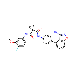 COc1cc(NC(=O)C2(C(=O)Nc3ccc(-c4cccc5onc(N)c45)cc3)CC2)ccc1F ZINC000299860049