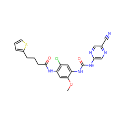 COc1cc(NC(=O)CCCc2cccs2)c(Cl)cc1NC(=O)Nc1cnc(C#N)cn1 ZINC000014956098