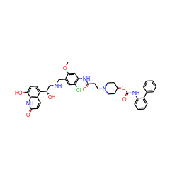 COc1cc(NC(=O)CCN2CCC(OC(=O)Nc3ccccc3-c3ccccc3)CC2)c(Cl)cc1CNC[C@H](O)c1ccc(O)c2[nH]c(=O)ccc12 ZINC000096941866