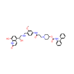 COc1cc(NC(=O)CCN2CCC(OC(=O)Nc3ccccc3-c3ccccc3)CC2)ccc1CNC[C@H](O)c1ccc(O)c2[nH]c(=O)ccc12 ZINC000299855598